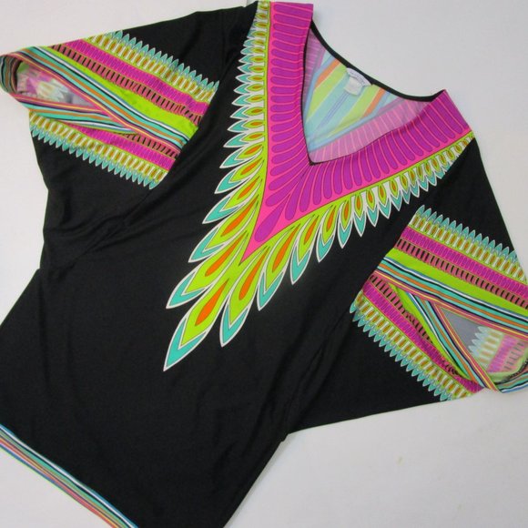 Tunic Dress Swim Coverup Neon Dashiki Print Pink Black Knit Vaca - Picture 6 of 11